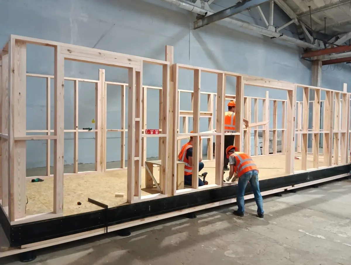 Trident wall panels being assembled on the factory floor
